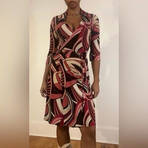 Swirl print wrap dress, pink/black/cream.